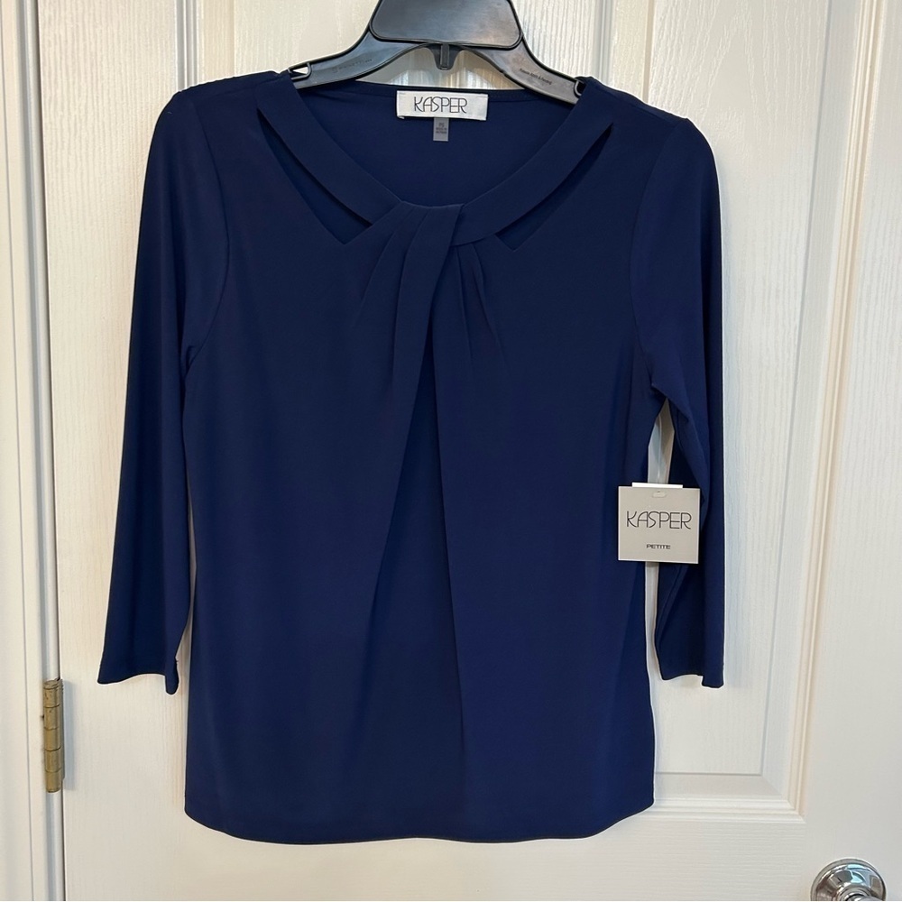 Kasper Three Quarter Sleeve Twist Neck Top in Navy Size SP - Picture 6 of 10